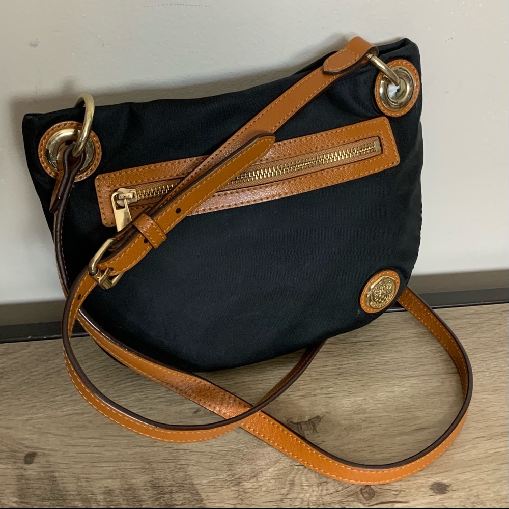 VINCE CAMUTO Black SATIN Brown LEATHER Cross Body HOBO Purse MESSENGER Bag